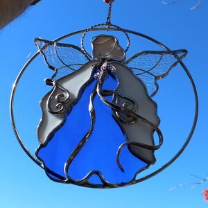 Angel Sun Catcher glass metal white blue 8.5” handmade suncatcher large